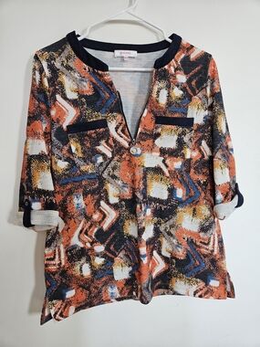 GRENIER Abstract Print Zipper Neck Top Roll Tab 3/4 Sleeve Blouse Size M🔥